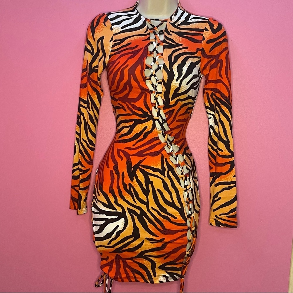 NWT Orange Tiger Print Drawstring Stretchy Mini Dress - Small - Picture 5 of 9